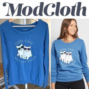 Modcloth Size M Blue Cool Cats Not Cat Calls Long Sleeve Sweatshirt